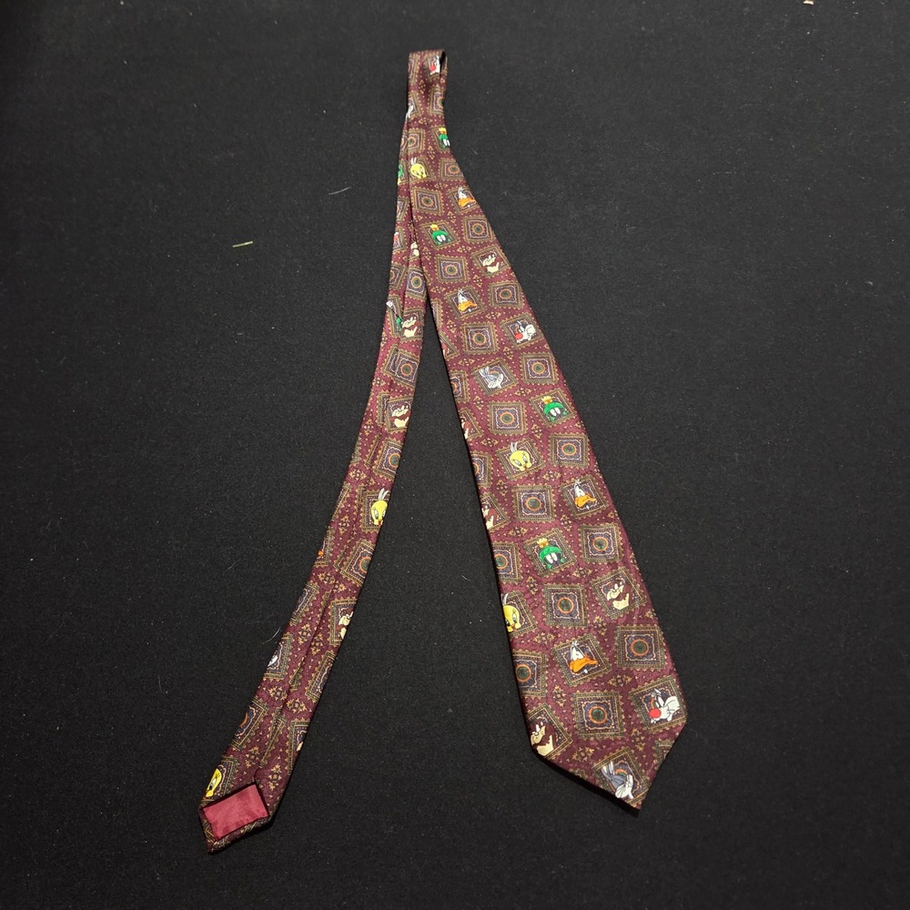Vintage 1993 Looney Tunes Mania Character Burgundy Medallion Print Necktie Men - Picture 2 of 4